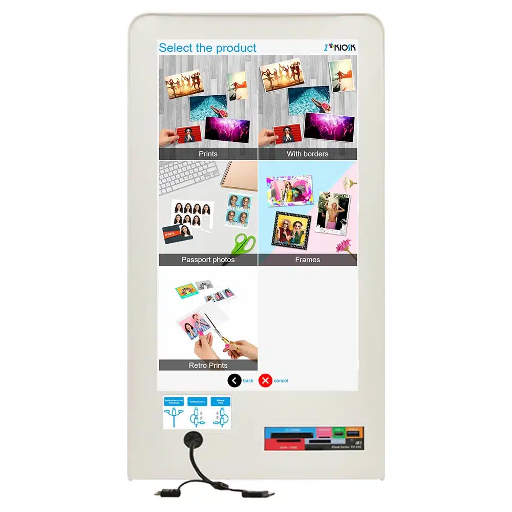 Kiosco de impresión fotográfica SKS215C con pantalla grande de 15 pulgadas y software iKiosk.