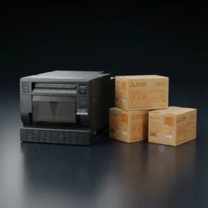 Vista frontal de impresora de sublimación Mitsubishi CP-D90DW con kit de consumibles originales CK-D720.