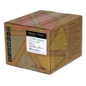 Caja de consumibles Sinfonia Color Stream CS2, mostrando que contiene papel y cinta para 300 hojas x 2 rollos de tamaño 4x6 pulgadas (102x152mm), para un total de 600 impresiones.