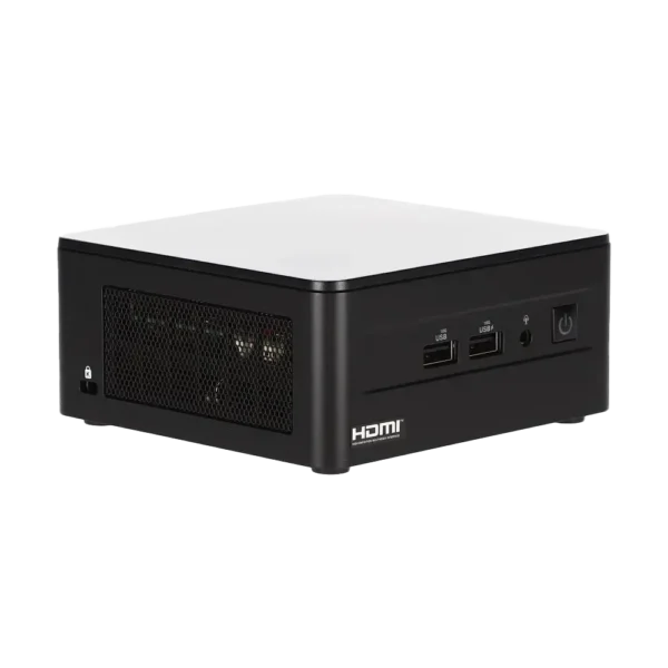 Vista lateral del Mini PC ASUS NUC 12 Pro con 8 GB de RAM y 240 GB de SSD, mostrando una de las ranuras de ventilación para el sistema de enfriamiento activo.