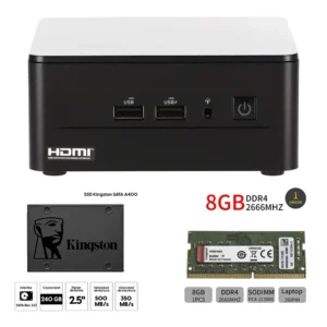 Mini PC ASUS NUC 12 Pro con 8 GB de RAM y 240 GB de SSD, mostrando su diseño compacto y minimalista en una vista frontal y ligeramente inclinada.