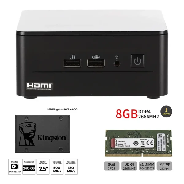 Mini PC ASUS NUC 12 Pro con 8 GB de RAM y 240 GB de SSD, mostrando su diseño compacto y minimalista en una vista frontal y ligeramente inclinada.
