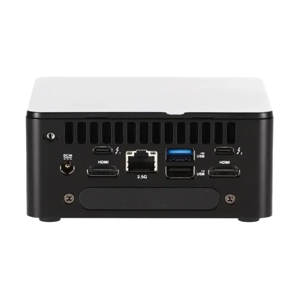 Vista de los puertos traseros del Mini PC ASUS NUC 12 Pro con 8 GB de RAM y 240 GB de SSD, mostrando los puertos HDMI, USB, Thunderbolt, Ethernet y la entrada de corriente.