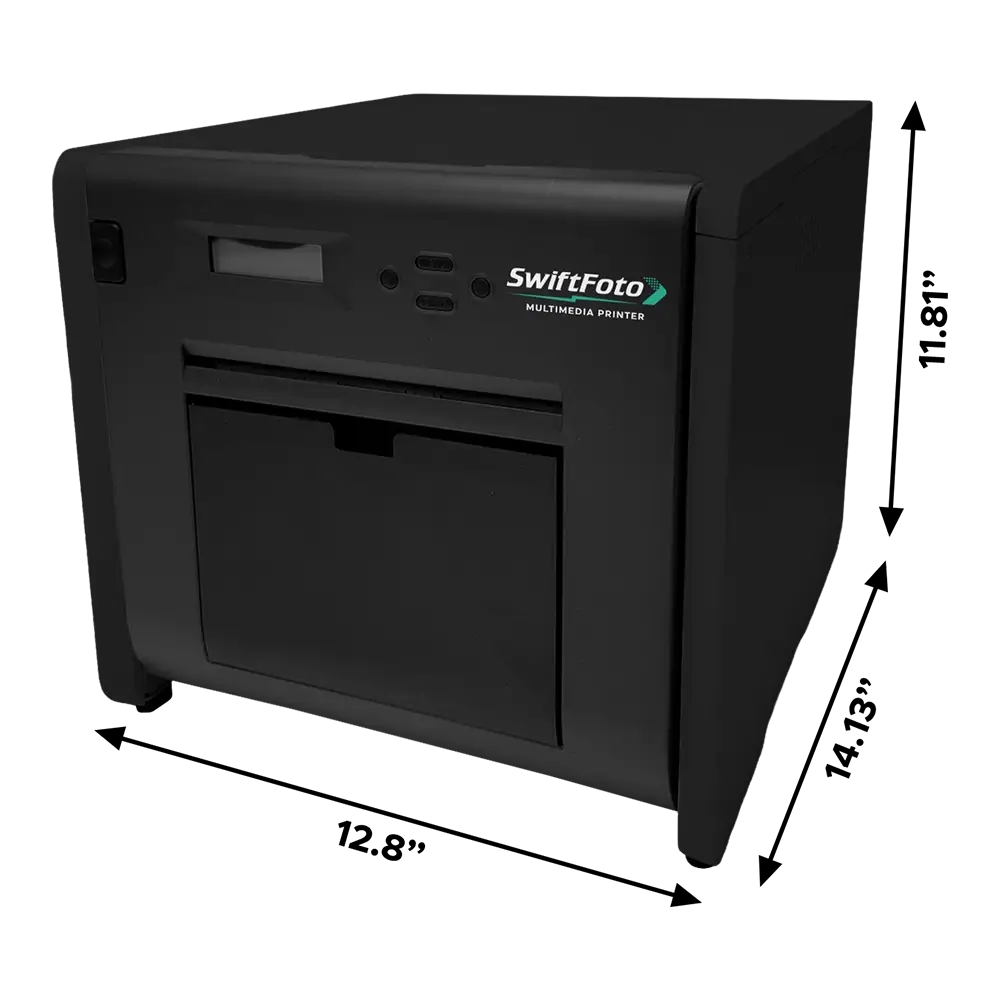 Dimensiones exactas de la impresora SwiftFoto KSF-10R: 12.8 pulgadas de ancho, 14.13 pulgadas de profundidad y 11.81 pulgadas de alto.
