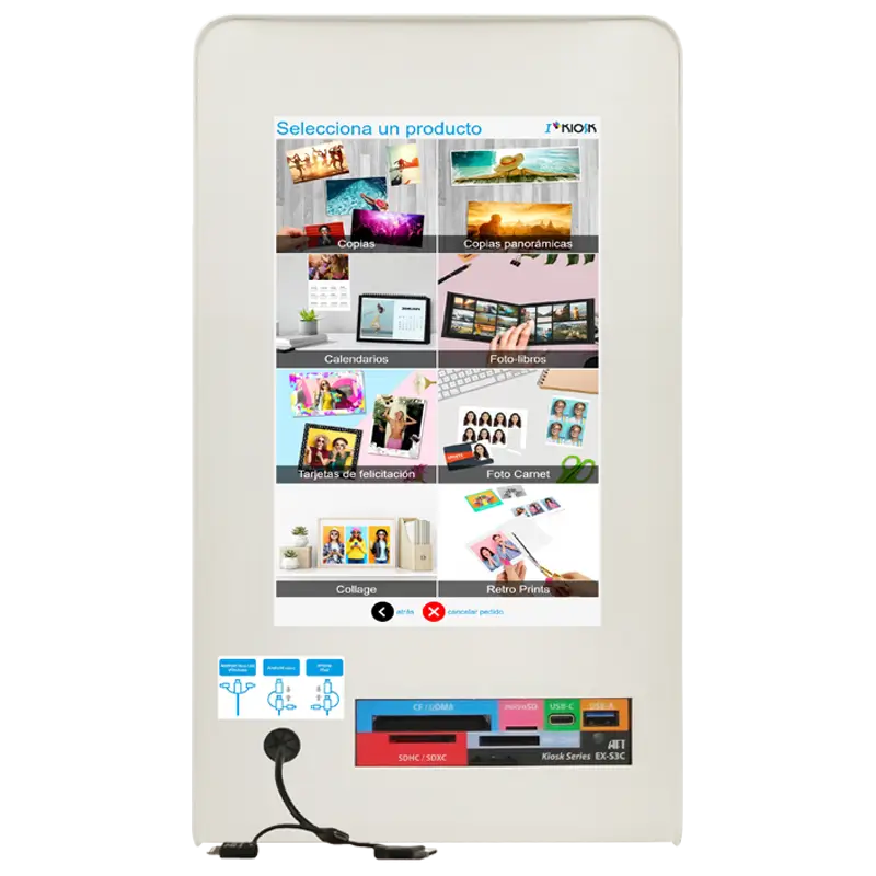 Kiosco fotográfico SKS210C de 10 pulgadas con software iKiosk permitiendo imprimir fotos desde móvil por WhatsApp y WiFi.