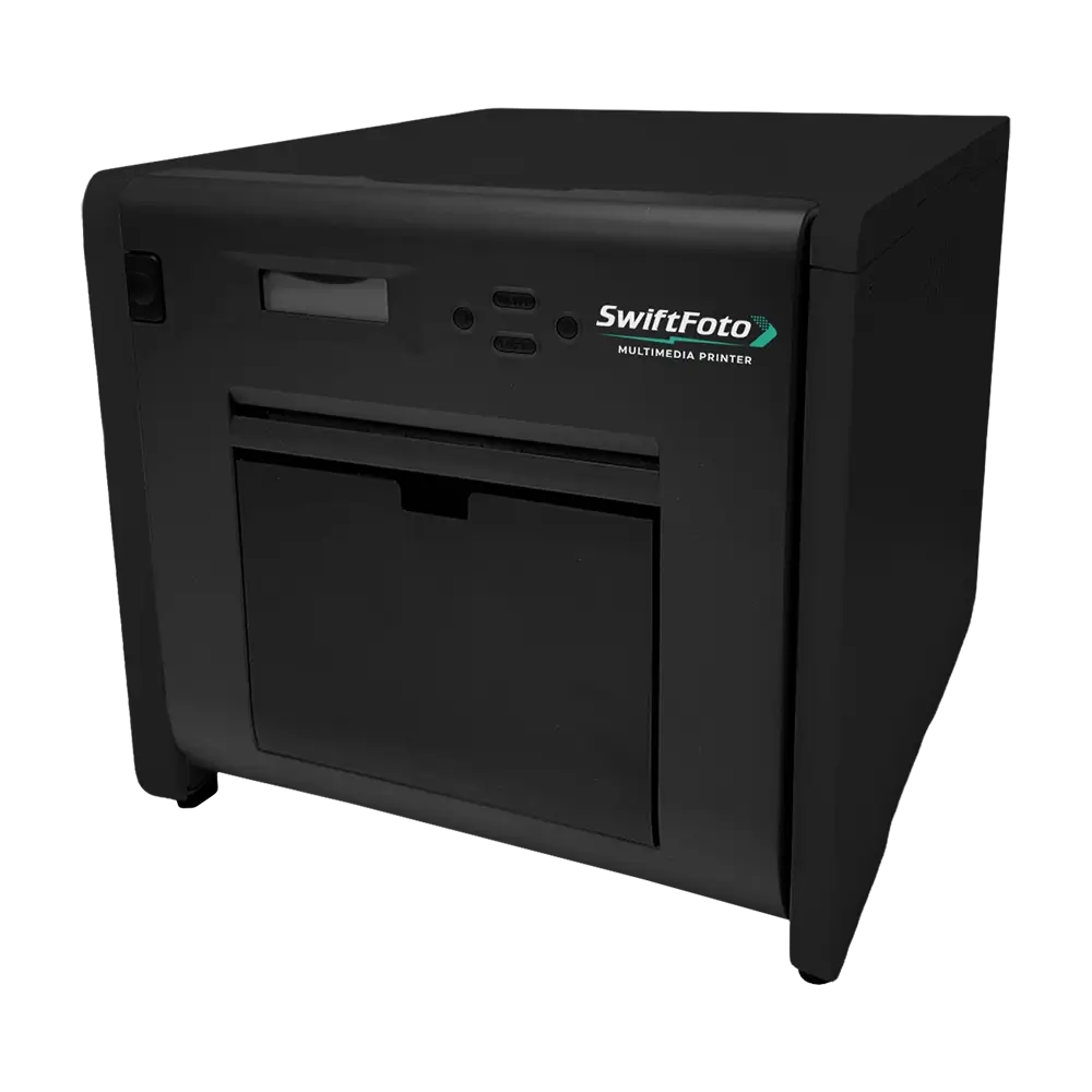 Vista lateral de la impresora SwiftFoto KSF-10R mostrando su chasis metálico compacto.