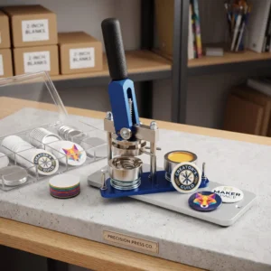 Máquina profesional para hacer chapas SOTB500 dispuesta en una mesa de producción junto a componentes y chapas de 75mm terminadas.