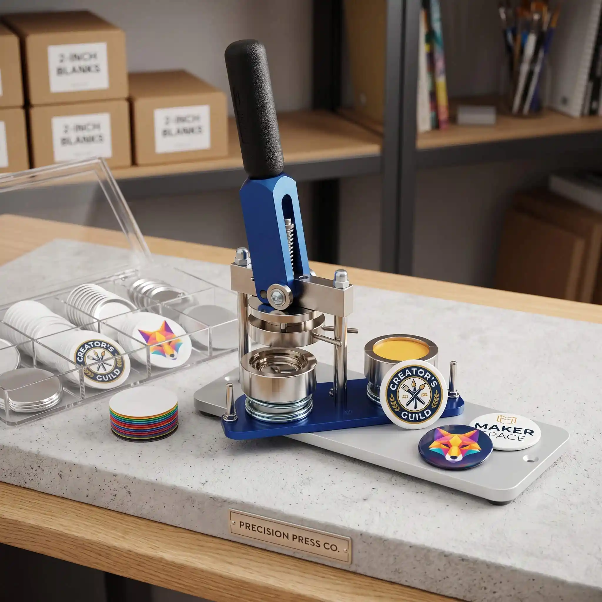 Máquina profesional para hacer chapas SOTB500 dispuesta en una mesa de producción junto a componentes y chapas de 75mm terminadas.