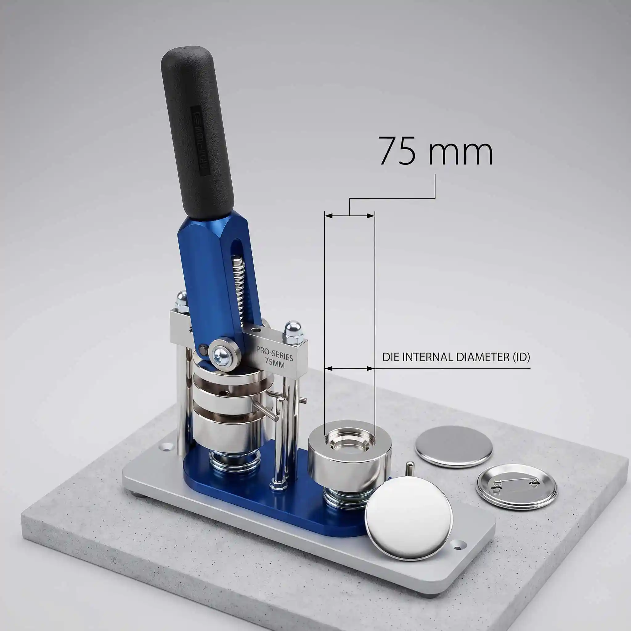 Plano de dimensiones técnicas de la máquina profesional para hacer chapas SOTB500 detallando el diámetro interno de 75 mm de la matriz.