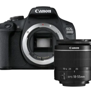 Cámara réflex Canon EOS 2000D con objetivo EF-S 18-55mm vista frontal para integración en cabinas de fotomatón profesional.