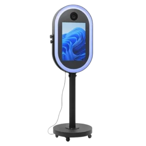Fotomatón profesional Espejo Mágico Oval con pantalla táctil integrada de 21.5 pulgadas para eventos y bodas.