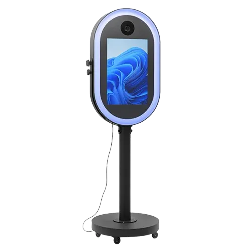 Fotomatón profesional Espejo Mágico Oval con pantalla táctil integrada de 21.5 pulgadas para eventos y bodas.