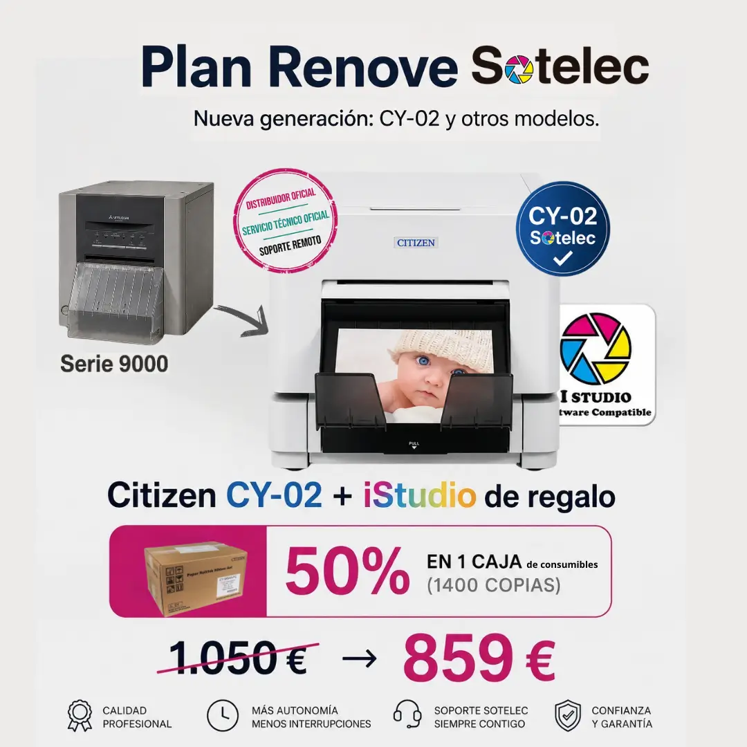 Plan Renove de impresora fotográfica Mitsubishi Serie 9000 a la nueva Citizen CY-02 con Sotelec